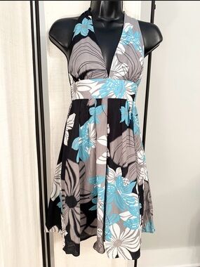 Charlotte Russe Blue Black Floral Sexy Backless Halter Dress S